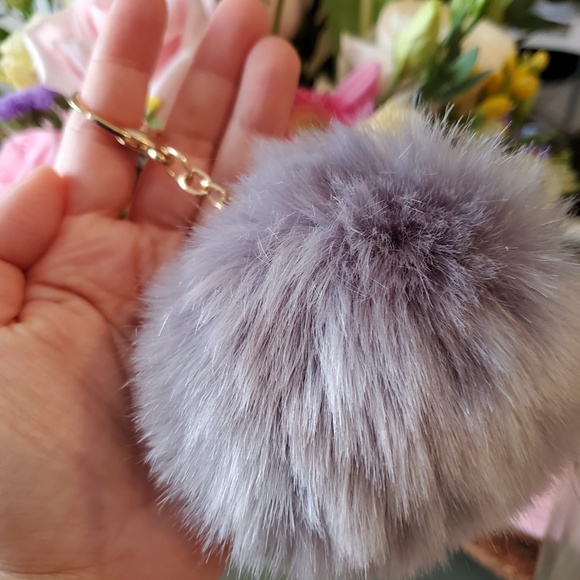 Fluffy Faux Fur Ball Keychain (Gray) in a Beautiful Gift Box - Picture 5 of 5